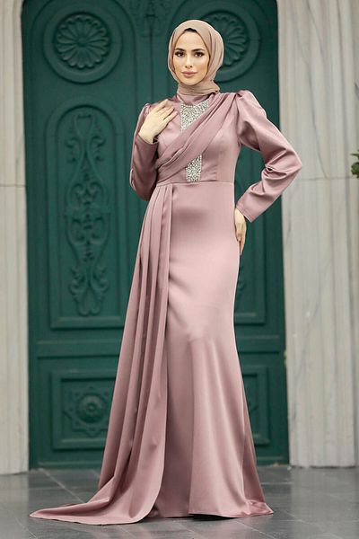 Neva Style فستان سهرة حجاب من الساتان النحاسي الذيل 22891bkr