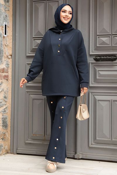 Neva Style طقم حجاب بغطاء للرأس باللون الأزرق الداكن - 12312L