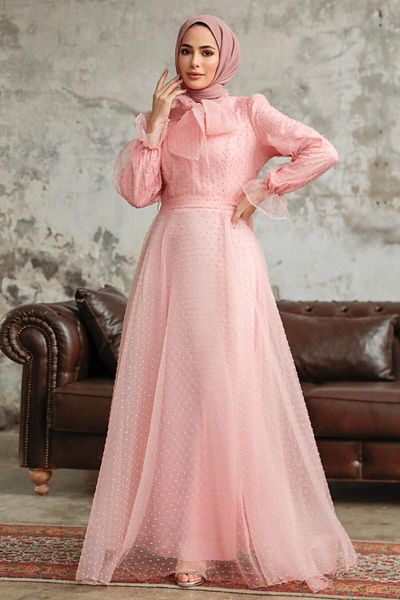 Neva Style فستان سهرة حجاب بتفاصيل منقطة 3871pd