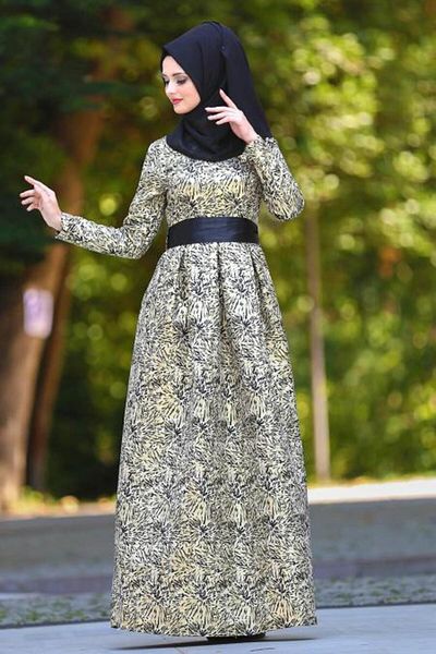 Neva Style Belted Jacquard Black Hijab Evening Dress 24410S