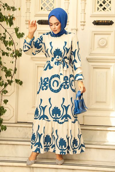 Neva Style Rochie Hijab cu imprimeu albastru Indigo - 23433IM