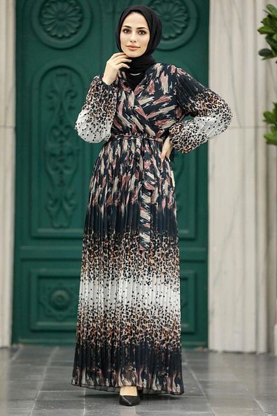 Neva Style Leopard Patterned Dusty Rose Hijab Dress 3889Gk
