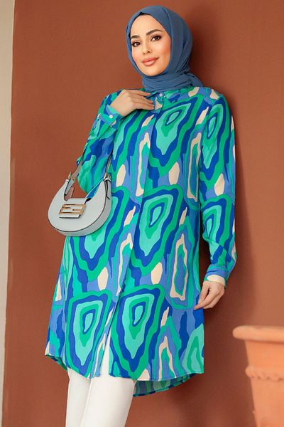 Neva Style تونيك حجاب أزرق نيلي منقوش 11679IM