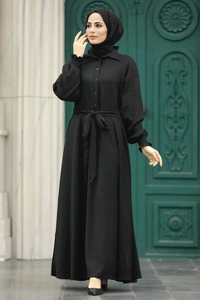 Neva Style Μαύρο Χιτζάμπ Φόρεμα με Κουμπί 5858s