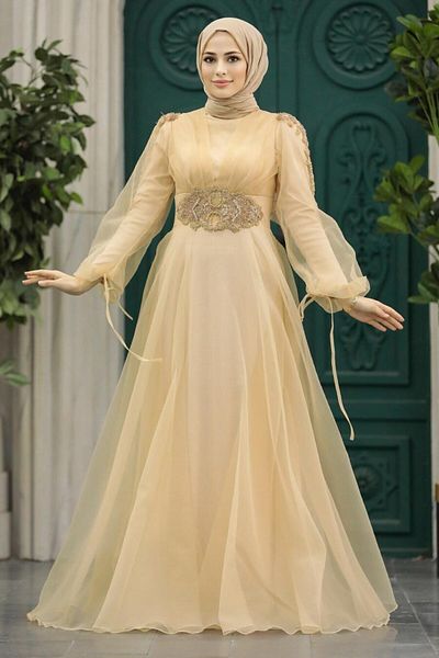 Neva Style Rochie de seara cu hijab - Rochie de seara hijab aurie cu margele 2249aur
