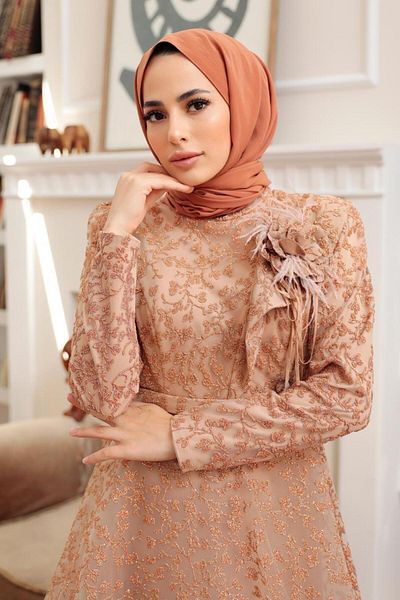Neva Style فستان سهرة حجاب ذهبي من الدانتيل 22421 ذهبي
