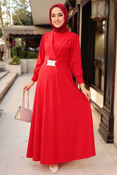 Neva Style - Rochie hijab roșie cu centură cu cataramă 5806k