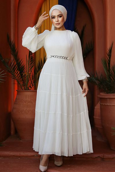Neva Style White Hijab Pleated Dress - 44761B