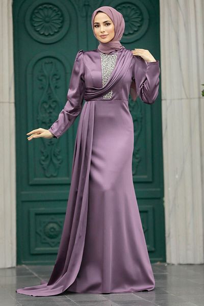 Neva Style Dusty Rose Satin Hijab Evening Dress with Tail 22891Gk