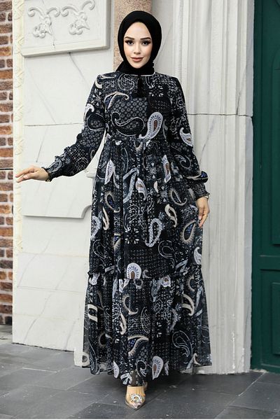 Neva Style Rochie neagră cu model hijab 33561s