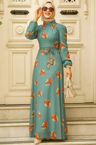 Neva Style Φόρεμα με λουλουδάτο σχέδιο Çağla Green Hijab 27937cy