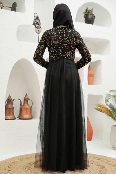 Neva Style - Rochie de seara Hijab Brodata cu margele Aur 9160gold