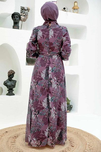 Neva Style Floral Patterned Dark Rose Hijab Dress 279024 Kgk