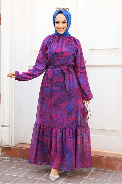 Neva Style Fuchsia Patterned Hijab Dress - 60941F