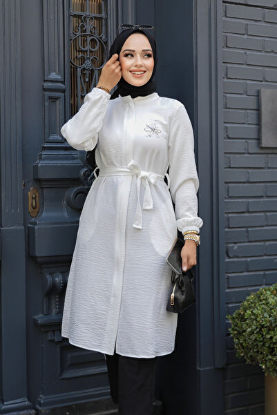 Neva Style Λευκό Hijab Tunic - Με ζώνη, Μοντέλο 646B