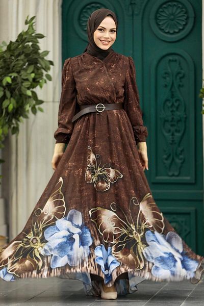 Neva Style Βραδινό φόρεμα με μοτίβο καφέ χιτζάμπ 39211kh