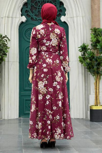 Neva Style Rochie Hijab Burgundy cu Motiv Floral 279080 br