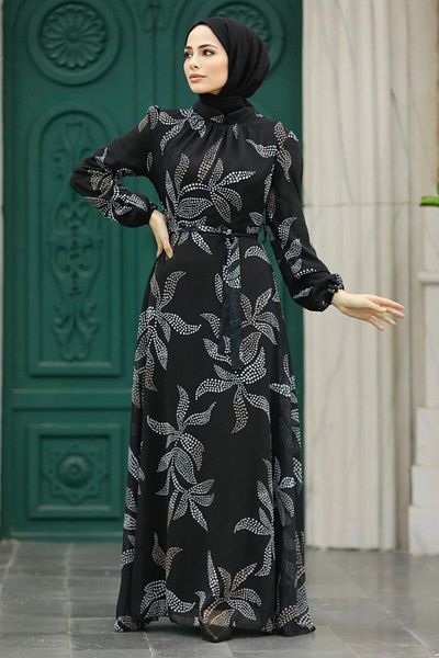 Neva Style - Rochie Hijab neagră cu model de frunze 279310 s