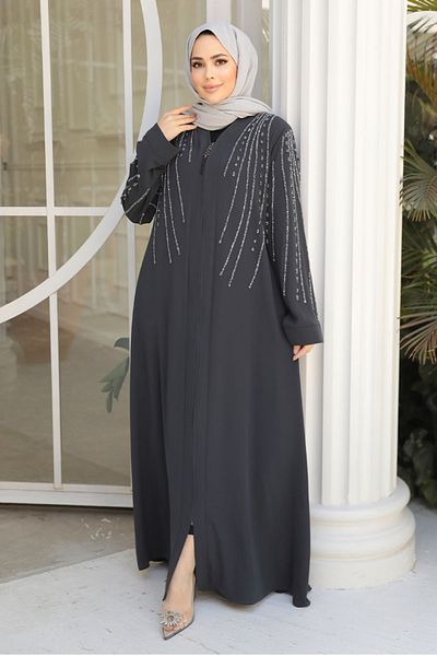 Neva Style Smoked Bead Embroidered Hijab Abaya - 29111FU