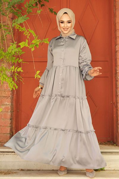 Neva Style - Rochie Hijab Gri Pliata 5884gr