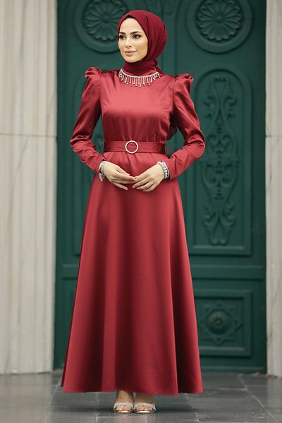 Neva Style - Rochie Hijab Neagră Burgundy cu Curea 7725br