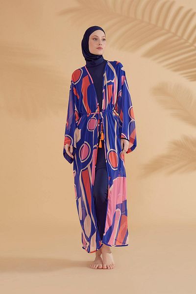 Neva Style Geometric Sax Blue Kimono Kaftan P2339SX