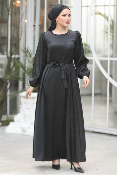 Neva Style Belted Black Hijab Dress 30381S