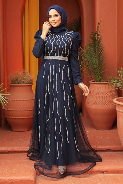 Neva Style Βραδινό φόρεμα Hijab με χάντρες Navy Blue 51912l