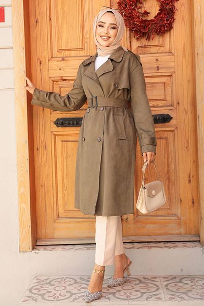 Neva Style معطف واق من المطر بحزام من جلد الغزال الكاكي - 72091HK
