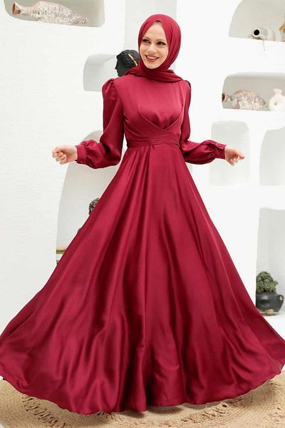 Neva Style Rochie de seara hijab burgundy cu detaliu de dantela 3064br