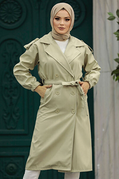 Neva Style Buttoned Light Khaki Hijab Trench Coat 647AHK