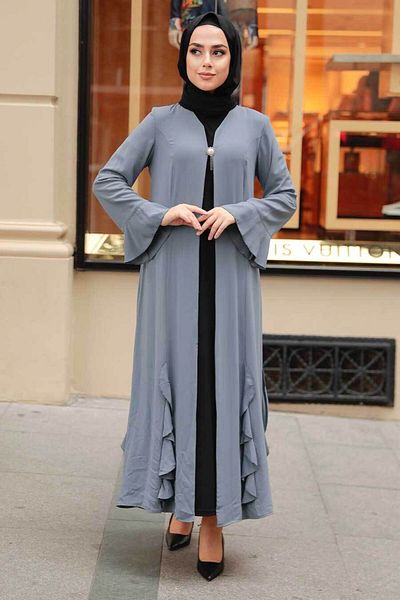 Neva Style Ruffle Detailed Gray Hijab Abaya 1535Gr