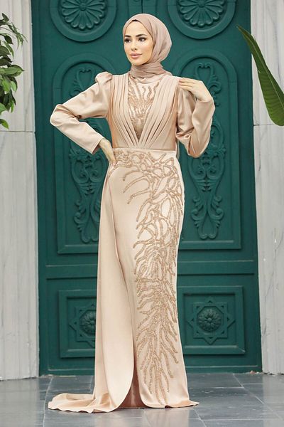 Neva Style Hijab Evening Dress - Beaded Gold Hijab Evening Dress 23122Gold
