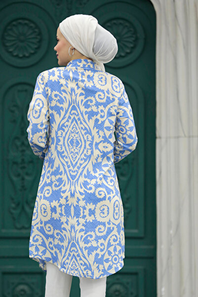 Neva Style Patterned Blue Hijab Viscose Tunic 11663m