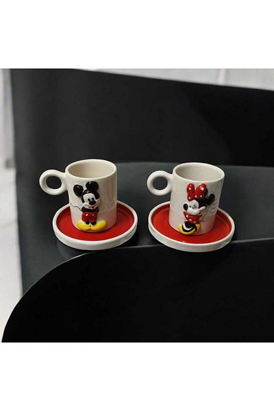 seda seramik Handmade Design Mickey&Minnie 2 Personality 4 Piece Coffee Cup Set 110 ml
