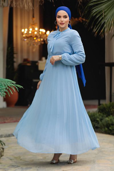 Neva Style Rochie Hijab Baby Blue cu guler legat 50351BM