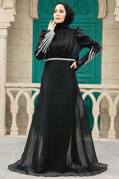 Neva Style Βραδινό φόρεμα με χάντρες μαύρο χιτζάμπ 25854s