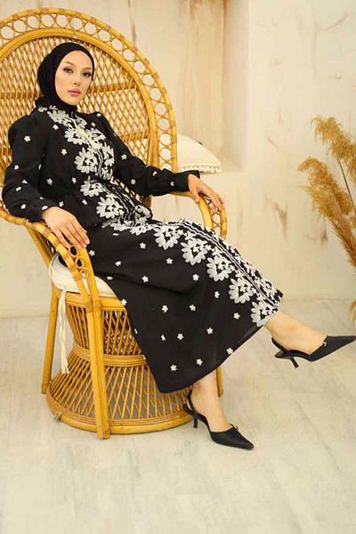 Neva Style Rochie Hijab Neagră - Modelată, Model Nr: 13503S
