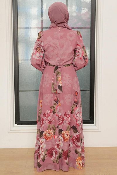 Neva Style Floral Patterned Dusty Rose Hijab Dress 35461Gk