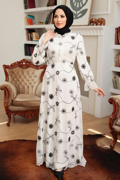 Neva Style Rochie Hijab Ecru cu Motiv Floral 32944e