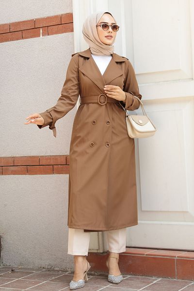 Neva Style Καμπαρντίνα Taba Hijab - Με αγκράφες και ζώνη, Μοντέλο 5942TB