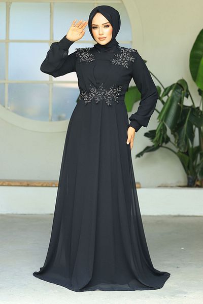Neva Style Black Hijab Evening Dress with Bead Detail 22113S