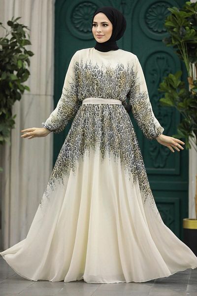 Neva Style Floral Patterned Cream Hijab Dress 39821Kr
