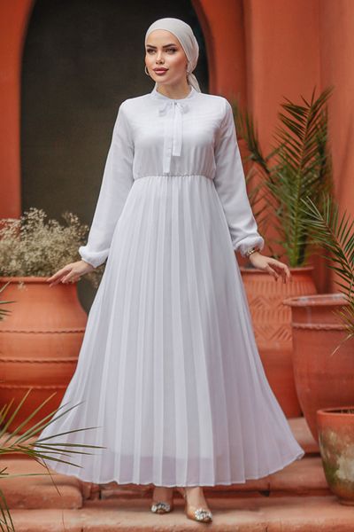 Neva Style Rochie hijab albă cu guler legat 50351B
