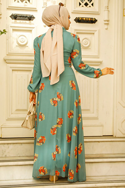 Neva Style Rochie Hijab Verde cu Motiv Floral 27937cy