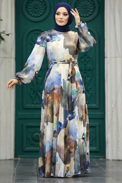 Neva Style Patterned Sax Blue Hijab Dress 33095Sx