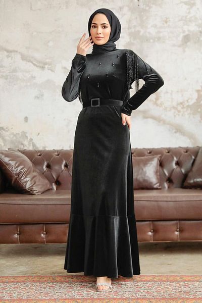 Neva Style - Rochie de catifea islamică neagră cu centură cu cataramă 3748s