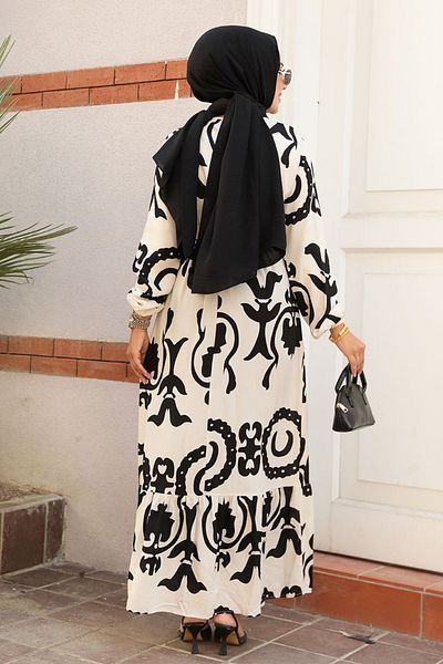 Neva Style Ecru Patterned Hijab Dress - 23433e