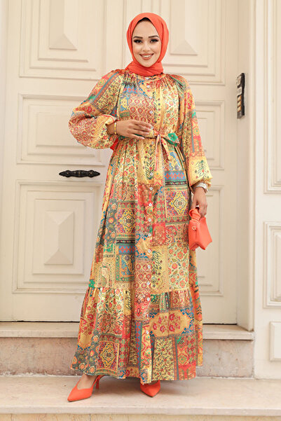 Neva Style Mustard Patterned Hijab Dress - 23155HR