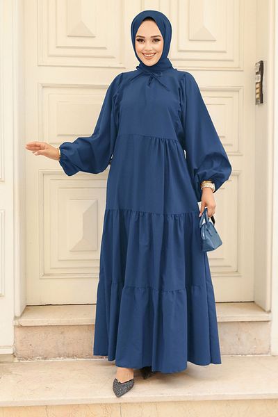 Neva Style Φόρεμα με μπαλόνι μανίκι Indigo Blue Hijab Poplin 57349ım